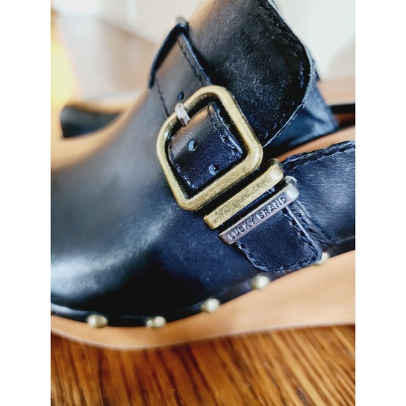 Lucky Brand Leather Wedge Clog Mules Black Studded Buckle Leather 9.5 - Picture 6 of 16